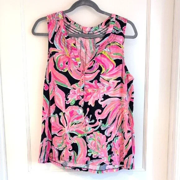Lilly Pulitzer Essie Top Tank Large L Navy Banana Flambe Print - Picture 1 of 2